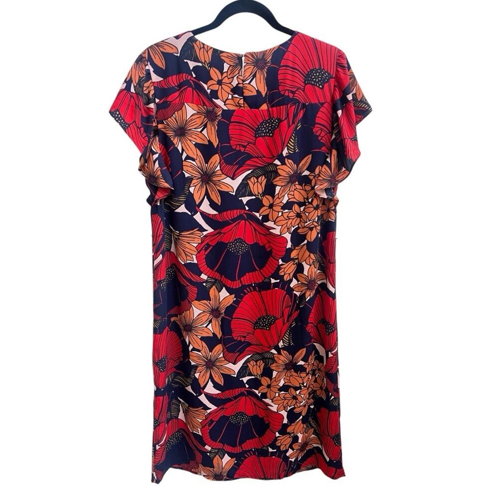 Loft Poppy Print Floral Shift Dress Ruffle Slv Sz M Knee Length Red Orange - Picture 3 of 8
